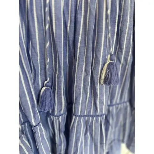 Free People  Lola Boho Striped Tiered Dress Chambray Blue Embroidered Lagenlook