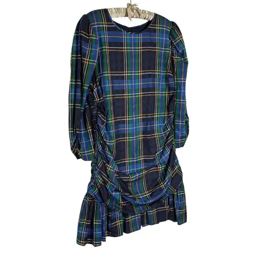 Tanya Taylor Raven Dress Size 18 Plaid Peplum Mini Dress Ruched Long Sleeve