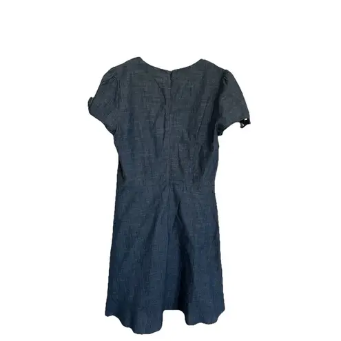 J. Crew Blue Chambray V Neck Ruffle Tie Sleeve Fit Flare Dress 4 Cap Sleeve