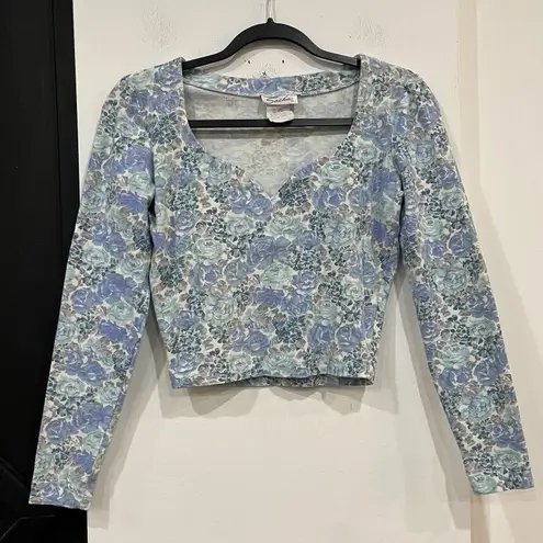 Vintage Sacha Floral Cropped Longsleeve Top Medium Sweetheart Neckline Ditsy Blue