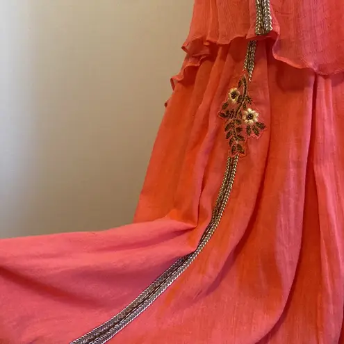 Free People  Salmon Embroidered Beaded Mesh Back Dress