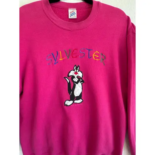 Vintage Jerzees Sylvester Looney Tunes Sweatshirt Pink Embroidered Large USA