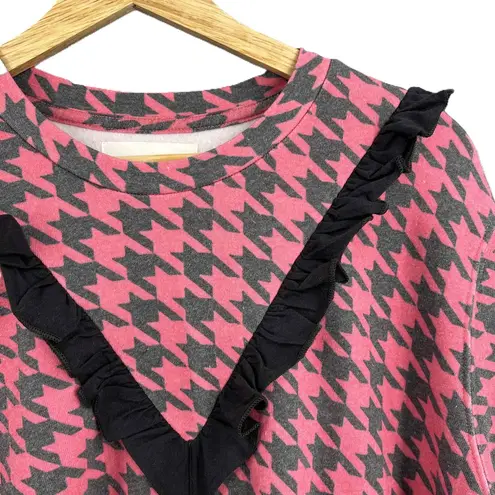 Sol Angeles Sweatshirt Pink Houndstooth Ruffle Detail Pullover Womens XL New