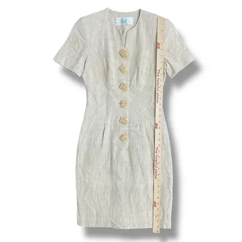 Santa Fe Beige Linen Sheath Dress Size 4 USA Made Button Front Vintage Brown