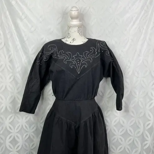 PG Collections Western Style Black Denim Dress with White Embroidery Size 10