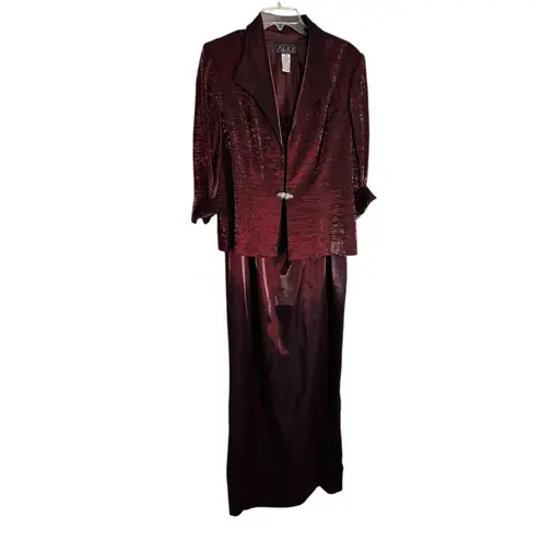 Alex Evenings Women Burgundy Metallic Jacquard 2 Pc Jacket Dress Set Size 14