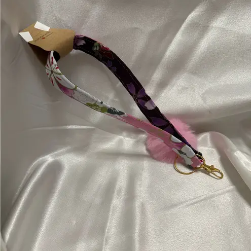 Handmade Pink and Purple Cherry Blossom Wristlet Keychain with Pink Pompom