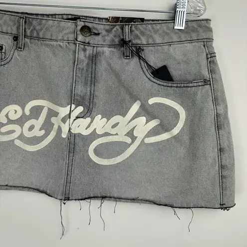 Ed Hardy NWT Denim Mini Skirt Sz XL Grey Wash Graphic Print Y2K