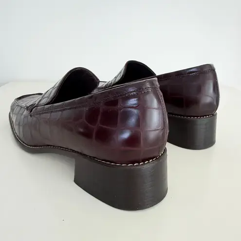 Vintage Nino Cerruti Loafers Womens 6 Croc Embossed Leather Square Toe Oxblood Black