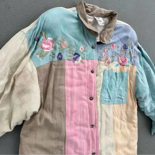 80s 90s pastel tie dye watercolor color block quilted jacket floral embroidery Size XL