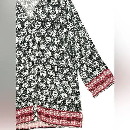 Serengeti Womens XL Elephant Print V Neck Tunic Top Rayon Made In India Boho Black