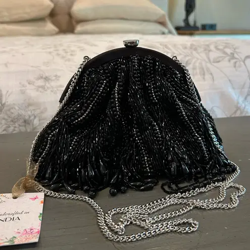 NWT Elegant Black Beaded Fringe Evening Clutch Crossbody Bag