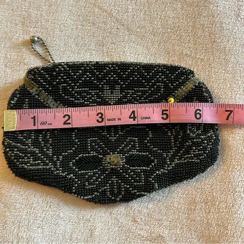 Vintage Art Deco beaded evening clutch coin purse floral sequins Black