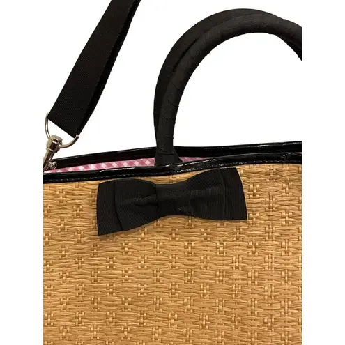 Bath & Body Works Straw Tote Bag Black Handles Bow Removable Strap Summer Travel