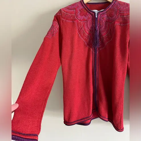 Vintage UMI Collections Anne Crimmins Embroidered Red Zip Cardigan M Boho Artsy Size M