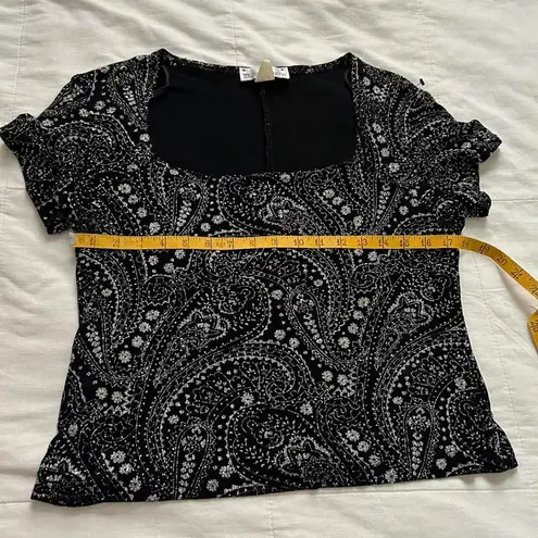 Y2K paper tag vintage Black velour & glitter paisley print square scoop neck top Size L