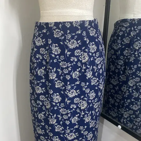 VNTG 90s FLORAL SILK MAXI SKIRT NAVY WITH CREAM FLOWERS PRINTED ALL OVER LINED Blue Size M