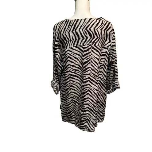 Tahari 100% Linen Zebra Print Button Front Tunic Top 1X Long Sleeve Lightweight