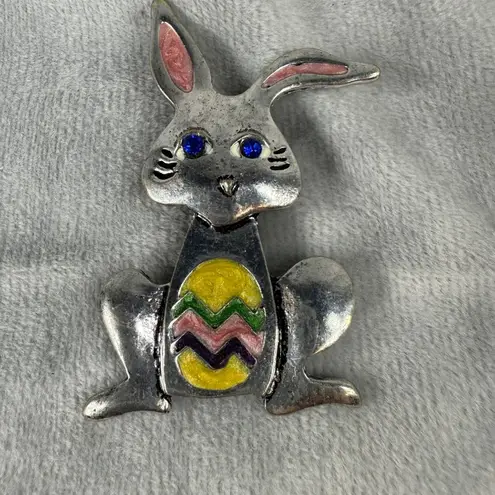 Bunny Rabbit Brooch Pendant Colorful Easter Egg Design Blue Rhinestone Eyes Silver