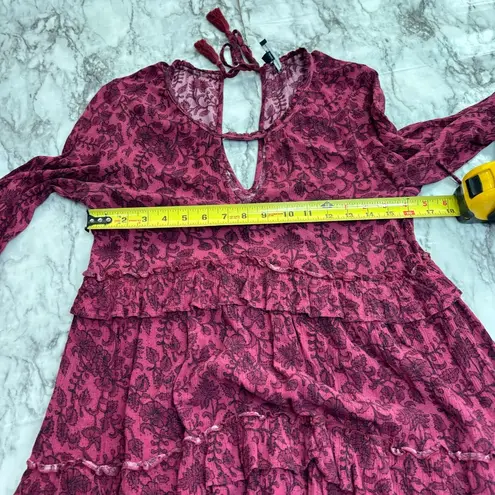 American Eagle  Size Medium Boho Tiered Long Sleeve Dress maroon floral print