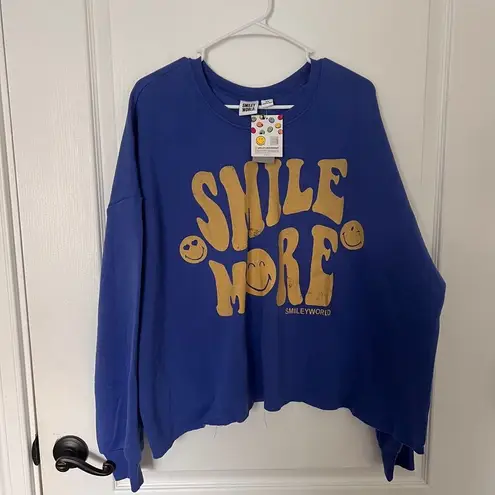 Smiley World Sweatshirt Womens Cropped Pullover Sweatshirt Long Sleeve Blue 2x Size XXL