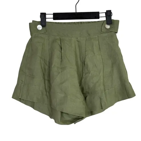 Free the Label Florence High Waisted Linen Wide Leg Shorts Pockets S Olive Green