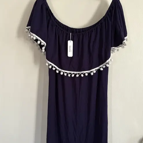 Cider NWT Off Shoulder Pom Pom Ruffle Dress Navy Blue XL