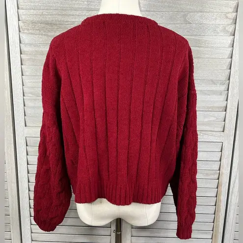 The Moon  & MADISON Chenille Crewneck Cable Knit Cropped Sweater Red-Medium