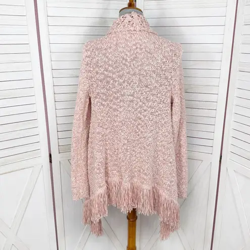 New York & Comp Fringe Hem Chunky Knit Open Cardigan Sweater Pink Medium Boho