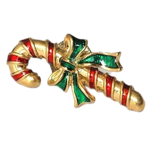 Avon Candy Cane Pin Lapel Gold Tone Red Green Enamel Christmas Bow Small