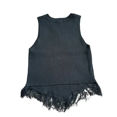 Micas  Women's Large Black Knit Round Neck Sleeveless Fringe Trim Tank Top