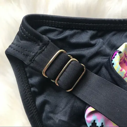 PilyQ Rainbow Low Rise Bikini Bottom Adjustable Waist Black Pink Green Small New