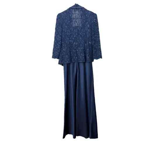 Alex Evenings Navy Blue Lace Glitter Two Piece Jacket Sleeveless Satin Dress 6