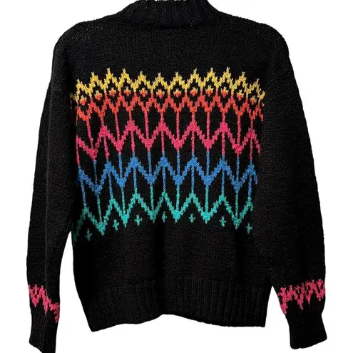 Rare DEB Vintage 90s Retro Neon Fair Isle Sweater Black Acrylic Knit Size M