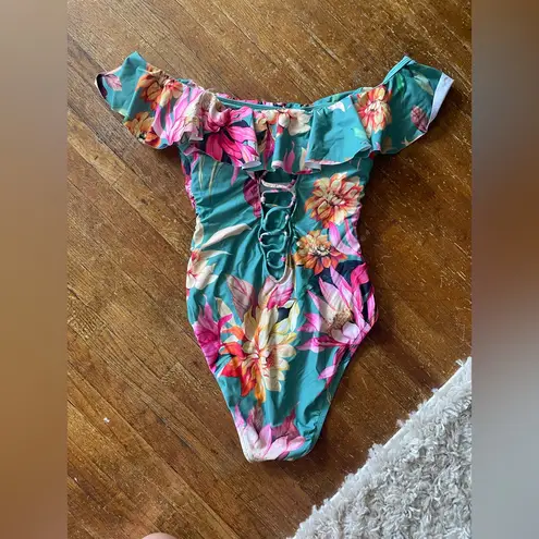 La Blanca Floral Ruffle Off Shoulder One Piece Swimsuit Ruched