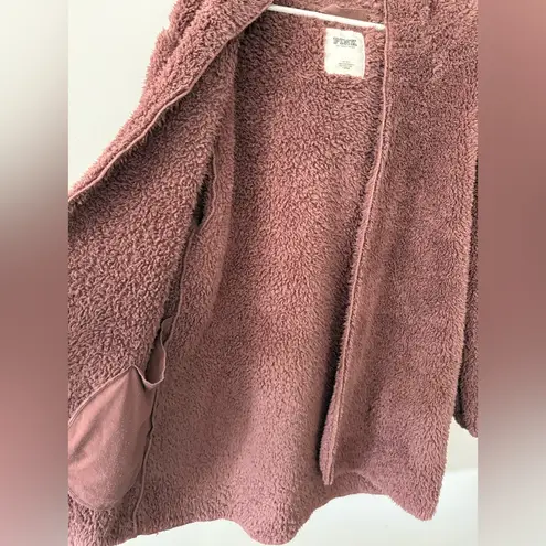 PINK - Victoria's Secret PINK Hooded Teddy Jacket Cardigan Sweater Fuzzy Sherpa Mauve Purple Size M L