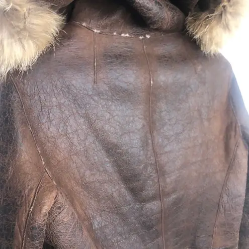 Blue Duck Leather Real Fur Bomber Coat Jacket M Brown Trim Medium