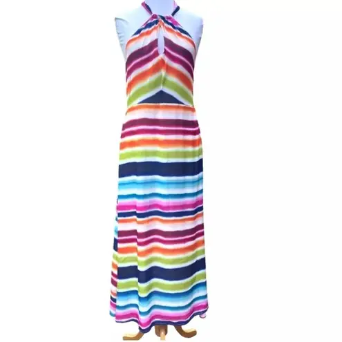 NWT V Cristina Multicolor Striped Halter Maxi Dress Rainbow Summer Size 6 White