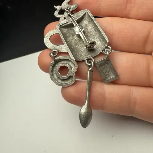 Signed JJ Coffee Lover Cup With Spoon Charm Dangle Brooch Pin Jonette Jewelry Silver