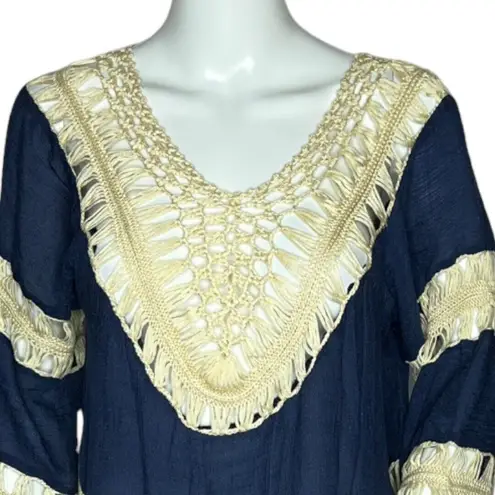 Unbranded Crochet Beach Cover Up Blue Cream Short Sleeve V