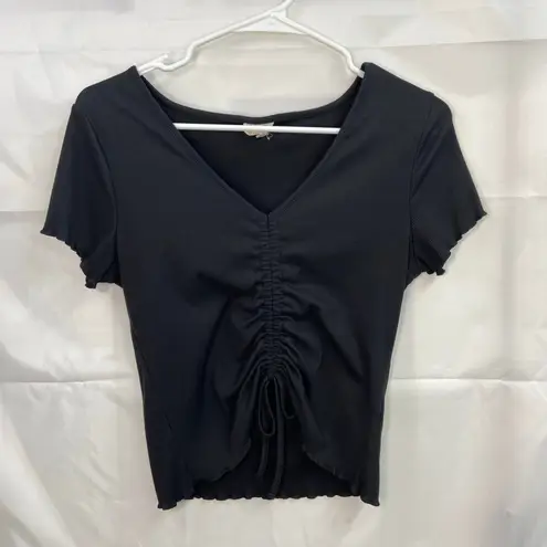 One Step Up women's black ribbed stretch short sleeve tie ruched casual blouse M