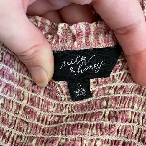 Milk & Honey Gingham Floral Tie Front Top Womens Size S Pink Brown