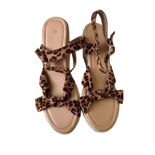 Leopard Print Wedge Sandals Women’s 8.5 Espadrille Platform Bow Strappy Shoes Tan