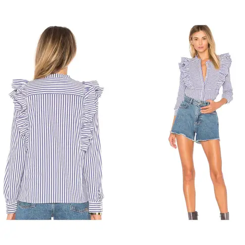 ANINE BING Striped Blue & White Ruffle Frill Blouse Top Size XS X-Small