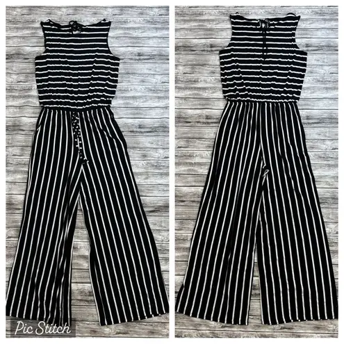 Zenana Outfitters Women's Black White Striped Jumpsuit Romper Pockets Tie XL Extra Large