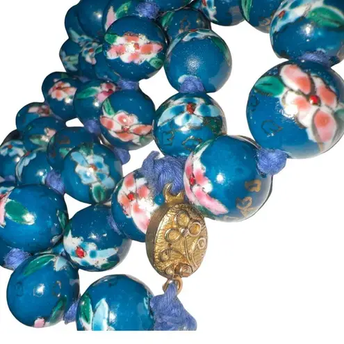 Chinese Export Hand Painted Floral Turquoise Vtg Porcelain Bead Necklace Blue