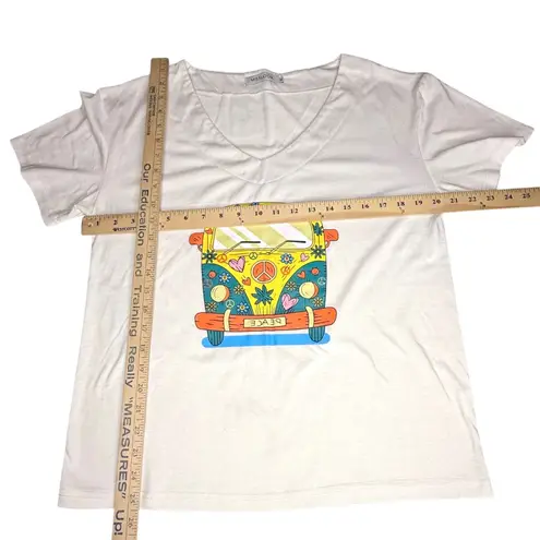 Misslook Peace Hippie Van Beach Bus GRAPHIC TEE Women's MED White V