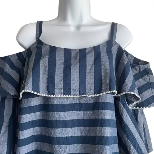 INC Women Top L Blue Monochromic Striped Tiered Flare Sleeve Ruffle Boho Girly Size L