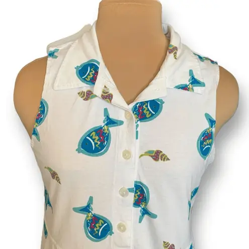 Vintage 90s White Cotton Maxi Shirt Dress Fish Seashell Shell Print Sleeveless Size M