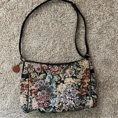 SAS Floral Shoulder Bag Purse Canvas Leather Zip USA Multi Color Tapestry Bag